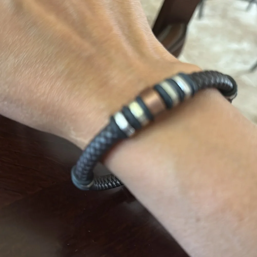 New Men’s Stainless Steel and Braided Brown Leather Bracelet